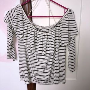 Off the shoulder, quarter sleeve striped t shirt